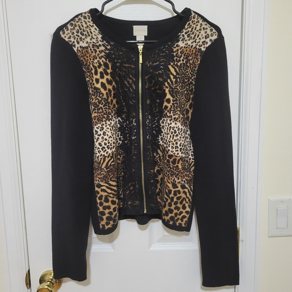 Chicos Cardigan Size 1 Medium Leopard Print Lace Trim Full Zip Black Cotton Mix